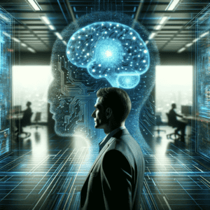 DALL·E 2023-11-30 09.30.08 - A futuristic and abstract representation of an advanced AI discovery influencing the resignation of a CEO. The image shows a large, glowing brain-like