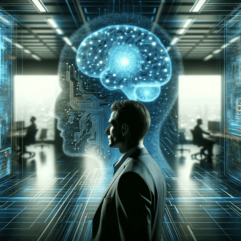 DALL·E 2023-11-30 09.30.08 - A futuristic and abstract representation of an advanced AI discovery influencing the resignation of a CEO. The image shows a large, glowing brain-like