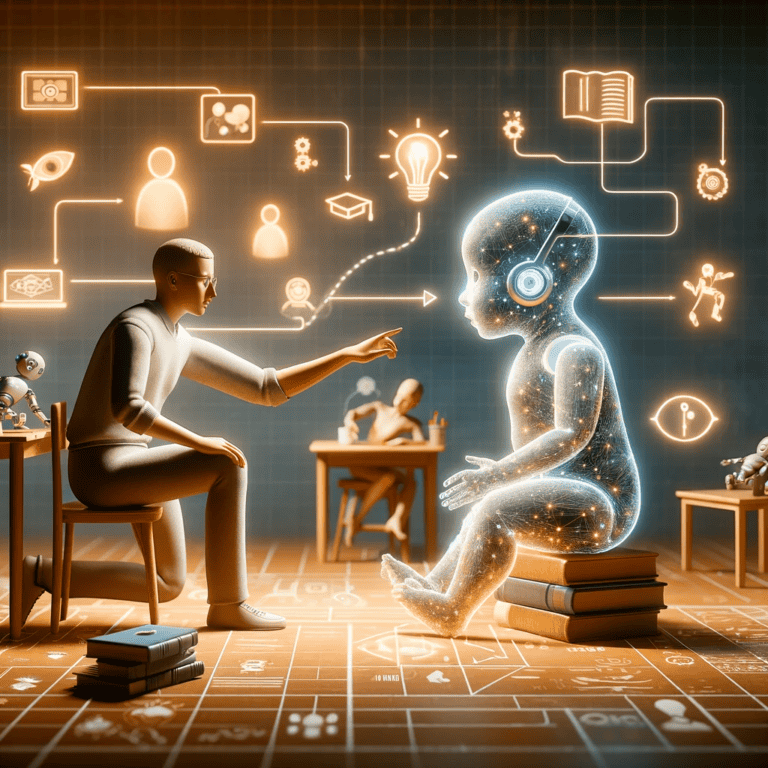 DALL·E 2023-12-01 09.51.22 - A visual representation of the concept of training artificial intelligence (AI), using the analogy of AI as a learner, similar to a human baby. The im (1)