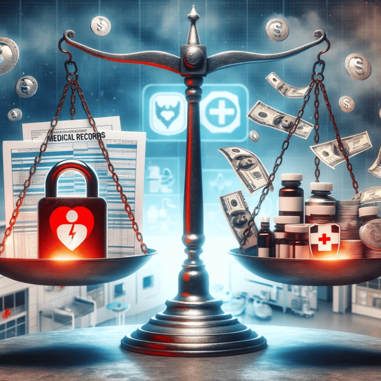 DALL·E 2023-12-13 16.57.53 - An impactful image representing the article about the balance between health data privacy and pharmaceutical practices. The image should depict a bala