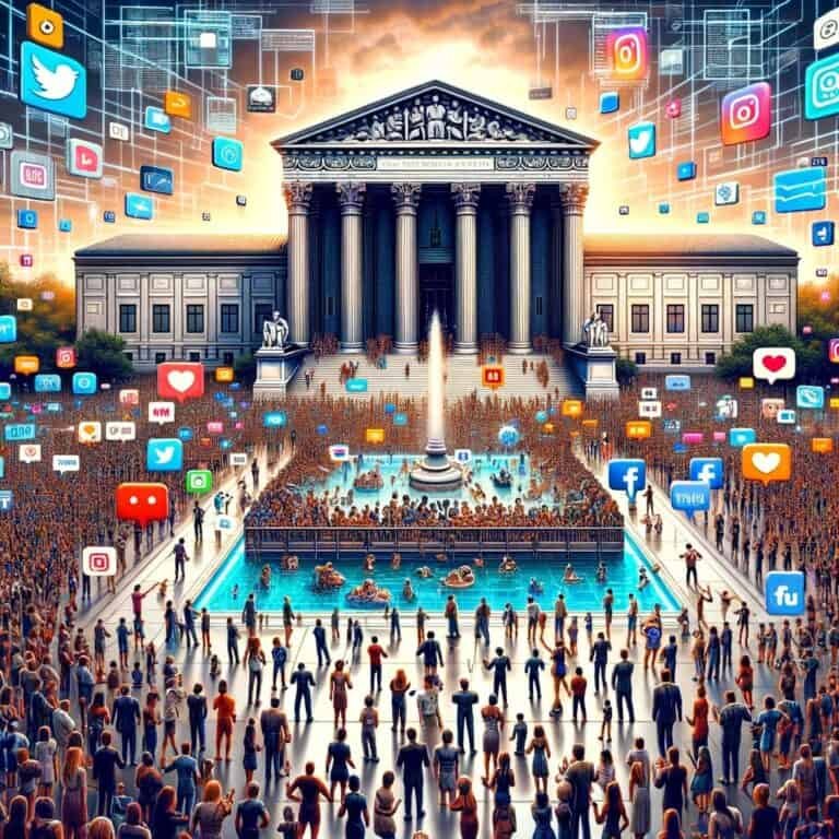 DALL·E 2024-02-28 13.49.42 - Create a detailed and thought-provoking image that encapsulates the essence of a debate on the role of social media platforms as the new public square