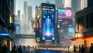 DALL·E-2024-05-16-13.19.52-A-futuristic-scene-showcasing-the-launch-of-GPT-4o-titled-the-omni-by-OpenAI.-The-setting-includes-a-sleek-high-tech-cityscape-with-towering-skys