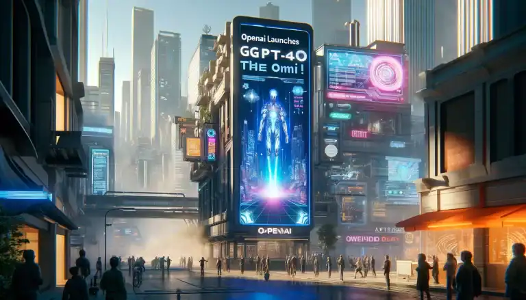 DALL·E-2024-05-16-13.19.52-A-futuristic-scene-showcasing-the-launch-of-GPT-4o-titled-the-omni-by-OpenAI.-The-setting-includes-a-sleek-high-tech-cityscape-with-towering-skys