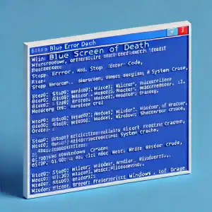 DALL·E 2024-07-22 09.57.25 - A blue screen of death (BSOD) from Windows, displaying an error message in white text against a solid blue background. The text includes technical inf