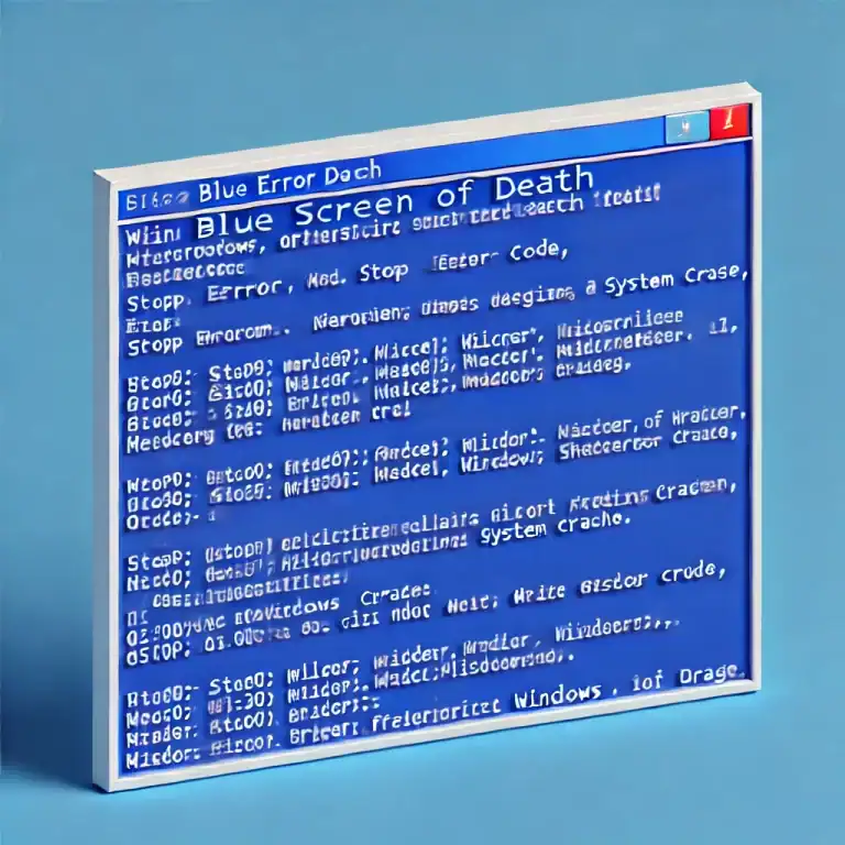 DALL·E 2024-07-22 09.57.25 - A blue screen of death (BSOD) from Windows, displaying an error message in white text against a solid blue background. The text includes technical inf