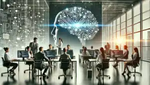 DALL·E 2024-09-05 14.01.57 - A sober, professional image representing the impact of generative AI on the future of work. The image should depict a futuristic office environment wi