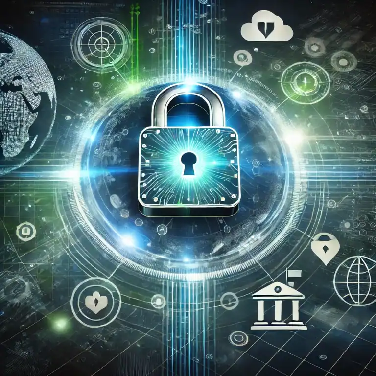 DALL·E 2024-11-29 14.34.30 - An image symbolizing data protection and cybersecurity in the public sector. The visual features a digital lock glowing in blue and green, surrounded