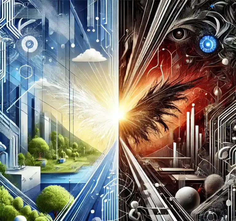 DALL·E 2025-01-07 13.20.27 - A visually engaging and abstract image representing the duality of artificial intelligence as both a utopia and a dystopia. The design features a spli