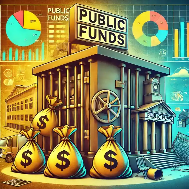 DALL·E 2025-01-13 10.05.47 - A digital illustration representing the misuse and inefficiency in public funds management. The image features a symbolic depiction of money bags labe