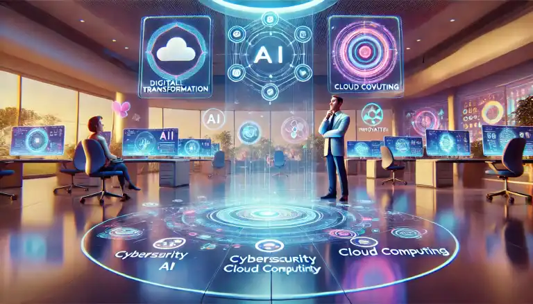 DALL·E 2025-01-13 13.58.41 - A Pixar-inspired illustration showcasing a visionary leader in a futuristic office setting, surrounded by holographic interfaces representing digital