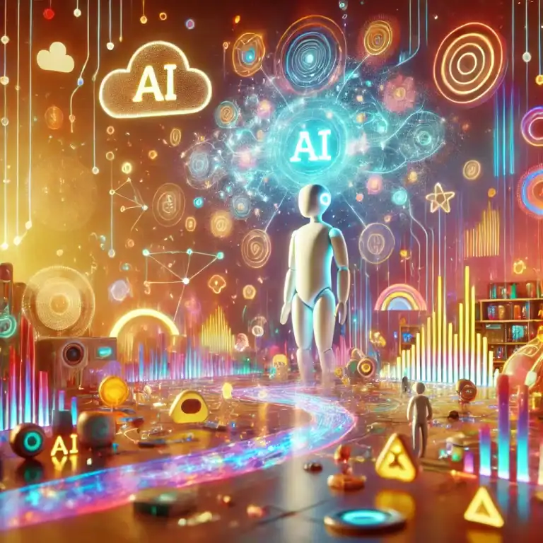 DALL·E 2025-01-21 11.14.41 - A futuristic and creative representation of generative AI, inspired by Pixar's whimsical and imaginative style. The scene features a glowing humanoid