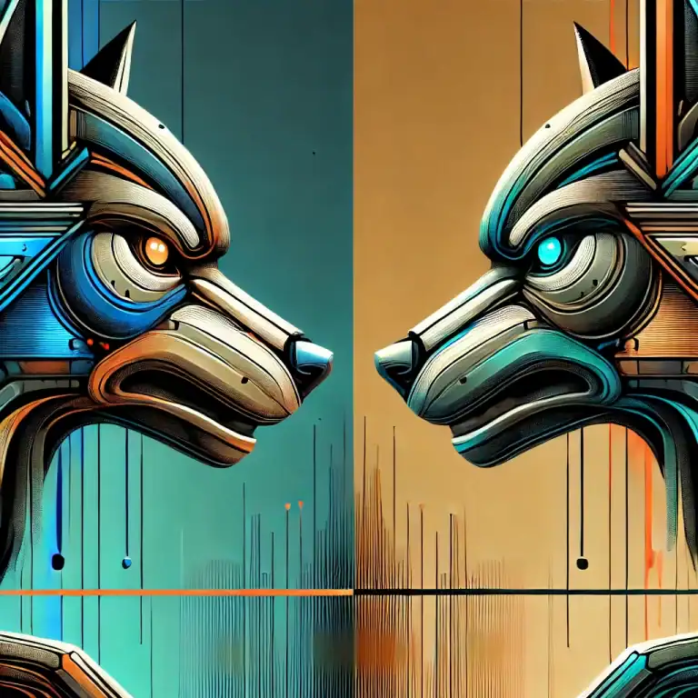 DALL·E 2025-02-05 14.18.10 - A visually striking image featuring two large, stylized dogs facing each other with intense, aggressive expressions, as if they are in a tense standof