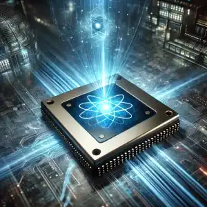 DALL·E 2025-02-20 12.51.56 - A futuristic quantum chip, glowing with a blue energy field, representing the Majorana 1 quantum processor. The chip appears to be levitating in a dar