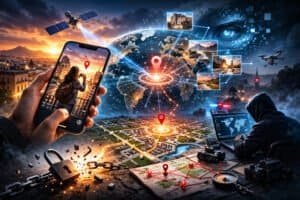 Interface do Geospy AI analisando coordenadas geográficas de uma fotografia urbana