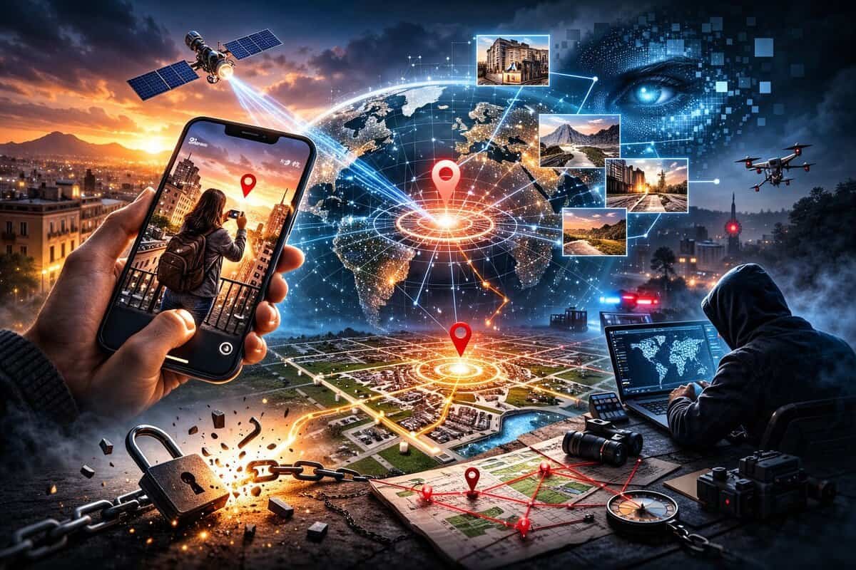 Interface do Geospy AI analisando coordenadas geográficas de uma fotografia urbana