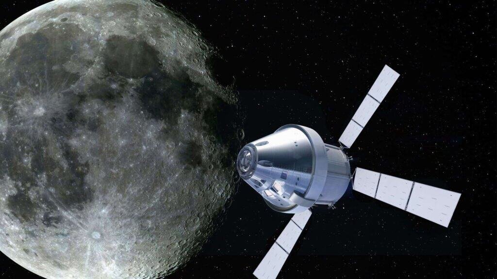 Cápsula Orion da missão Artemis II próxima à Lua em teste tripulado da NASA